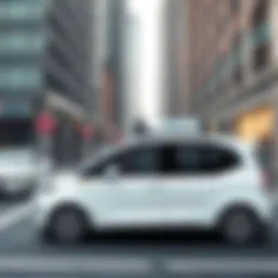 An advanced vehicle equipped with a SafeDrive system navigating a busy city street.