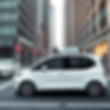 Advanced Vehicle in Urban Environment An advanced vehicle equipped with a SafeDrive system navigating a busy city street.